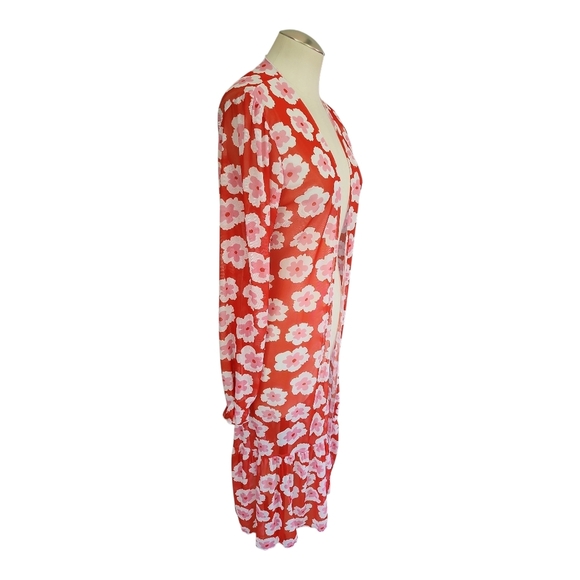 Sheer Red Floral Long Duster Cardigan Kimono Size XXL Lightweight - Picture 2 of 6